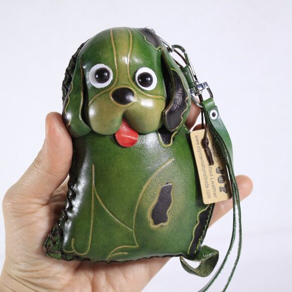 Green leather dog coin purse, small leather zippered puppy pouch, dog wallet - Picture 1 of 10